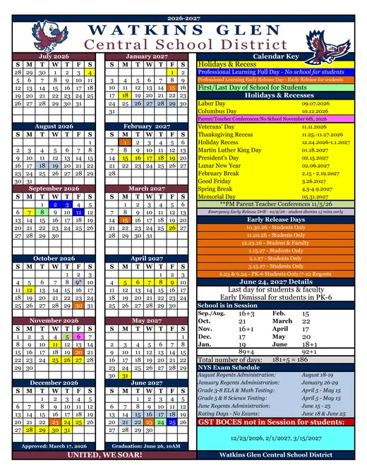 Watkins Glen Central School District 2026–2027 Academic Calendar