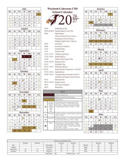 Wayland-Cohocton CSD 2026–2027 Academic Calendar