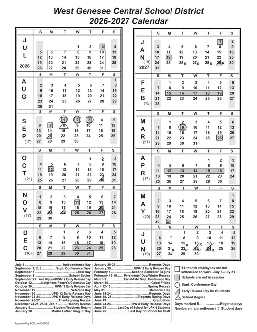 West Genesee Central School District 2026–2027 Academic Calendar
