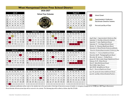 West Hempstead UFSD 2026–2027 Academic Calendar