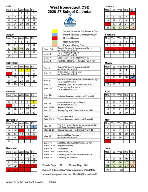 West Irondequoit CSD 2026–2027 Academic Calendar