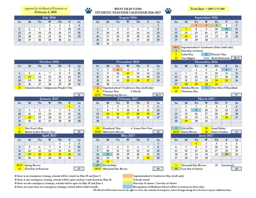 West Islip Ufsd 2026–2027 Academic Calendar