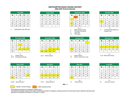 Westhampton Beach School District 2026–2027 Academic Calendar