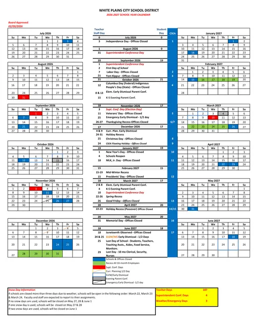 White Plains City School District 2026–2027 Academic Calendar