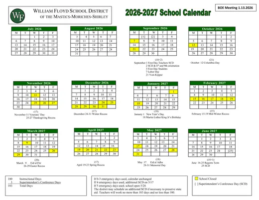 William Floyd School District of the Mastics-Moriches-Shirley 2026–2027 Academic Calendar