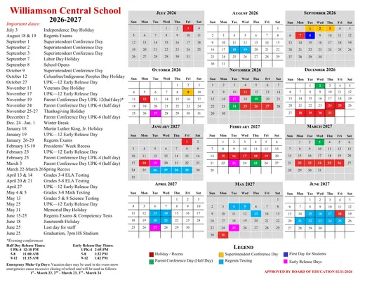 Williamson Central School 2026–2027 Academic Calendar