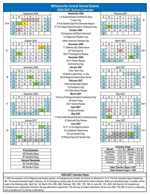 Williamsville Central School District 2026–2027 Academic Calendar