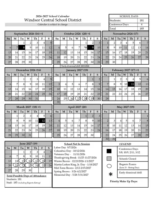 Windsor Central School District 2026–2027 Academic Calendar