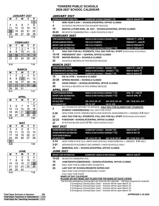 Yonkers Public Schools 2026–2027 Academic Calendar Page 2