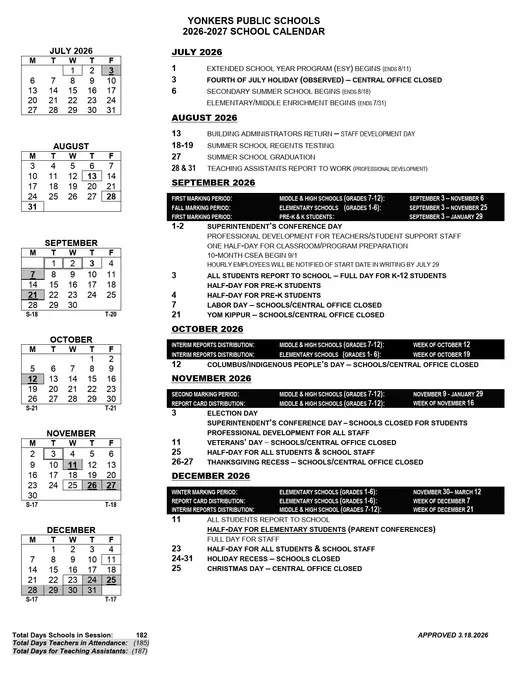 Yonkers Public Schools 2026–2027 Academic Calendar Page 1