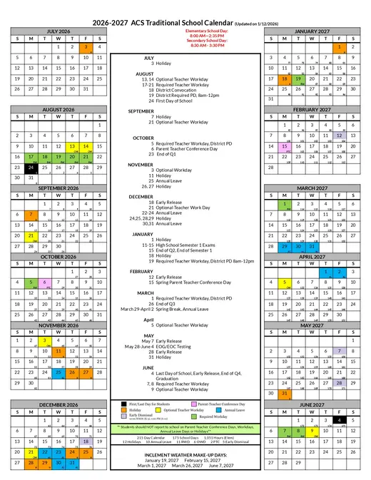 ACS Traditional School 2026–2027 Academic Calendar Page 1