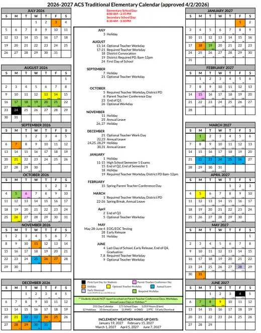 ACS Traditional School 2026–2027 Academic Calendar Page 2