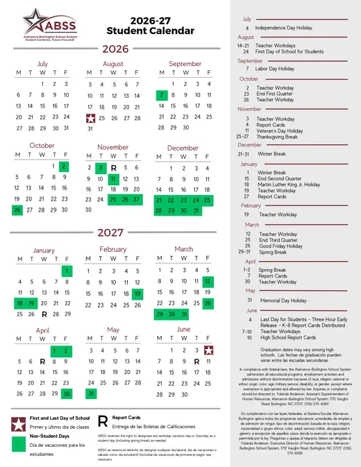 Alamance-Burlington School System 2026–2027 Academic Calendar