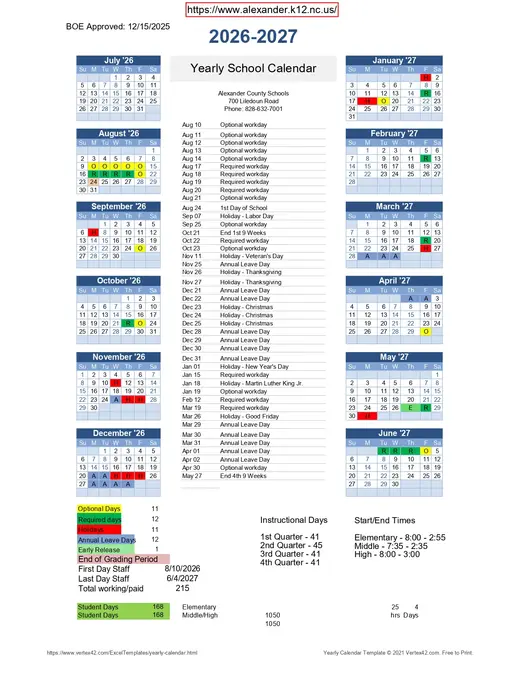 Alexander County Schools 2026–2027 Academic Calendar