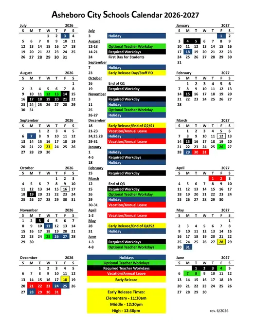 Asheboro City Schools 2026–2027 Academic Calendar Page 1