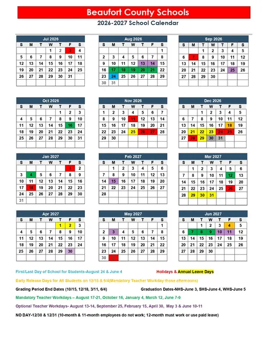 Beaufort County Schools 2026–2027 Academic Calendar