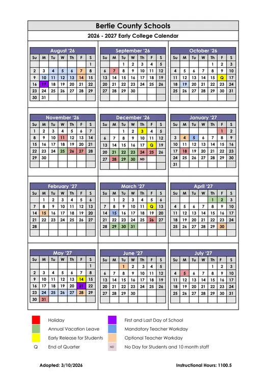 Bertie County Schools 2026–2027 Academic Calendar Page 1