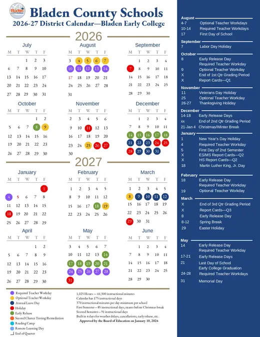 Bladen Early College 2026–2027 Academic Calendar
