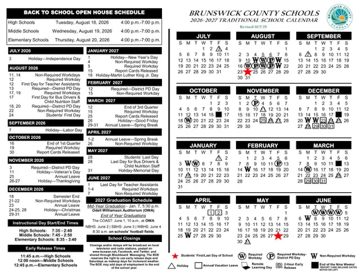 Brunswick County Schools 2026–2027 Academic Calendar Page 1