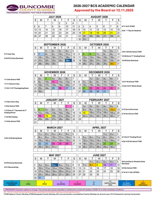 Buncombe County Schools 2026–2027 Academic Calendar