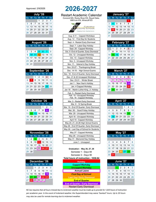 Cabarrus County Schools 2026–2027 Academic Calendar Page 1