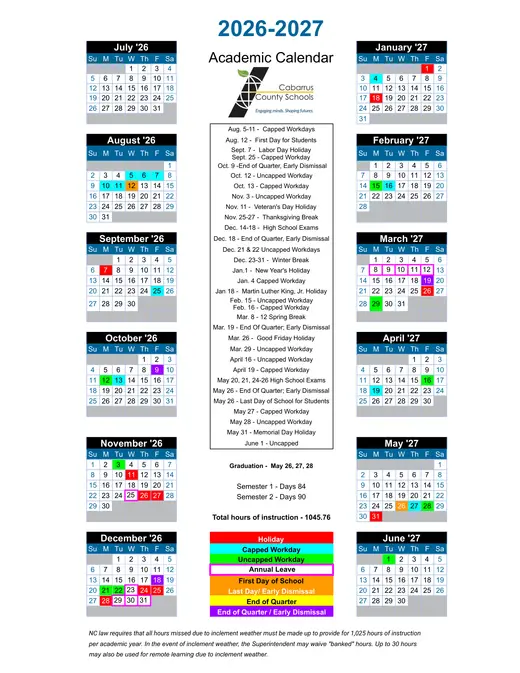 Cabarrus County Schools 2026–2027 Academic Calendar Page 2