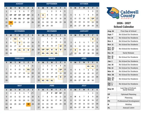 Caldwell County Schools 2026–2027 Academic Calendar Page 1