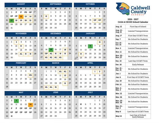 Caldwell County Schools 2026–2027 Academic Calendar Page 2