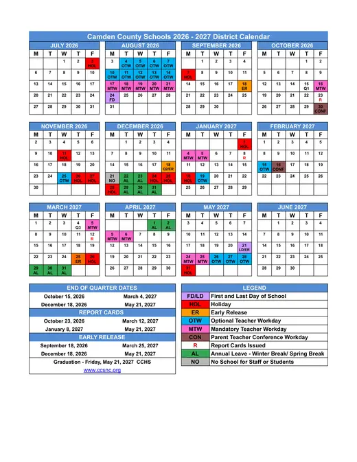 Camden County Schools 2026–2027 Academic Calendar Page 1