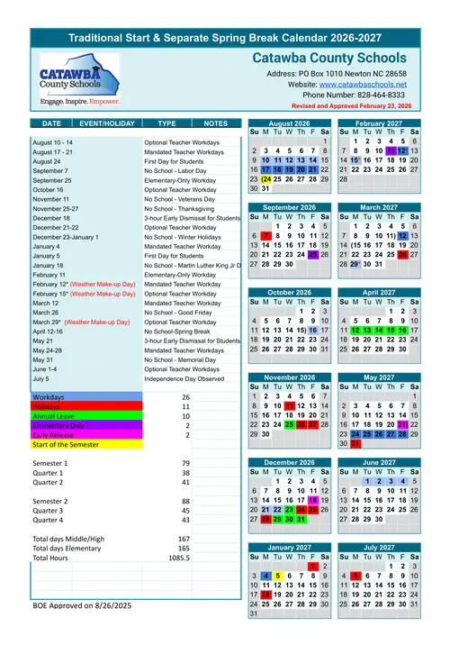 Catawba County Schools 2026–2027 Academic Calendar
