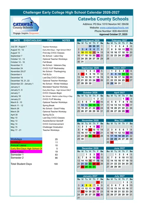 Challenger Early College High School 2026–2027 Academic Calendar