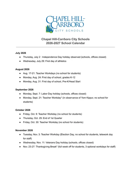 Chapel Hill-Carrboro City Schools 2026–2027 Academic Calendar Page 1