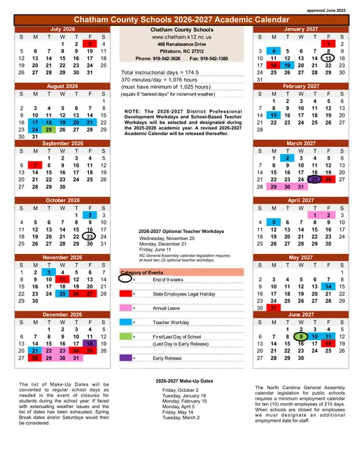 Chatham County Schools 2026–2027 Academic Calendar