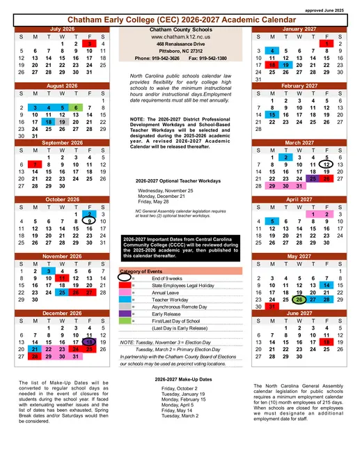 Chatham Early College (CEC) 2026–2027 Academic Calendar