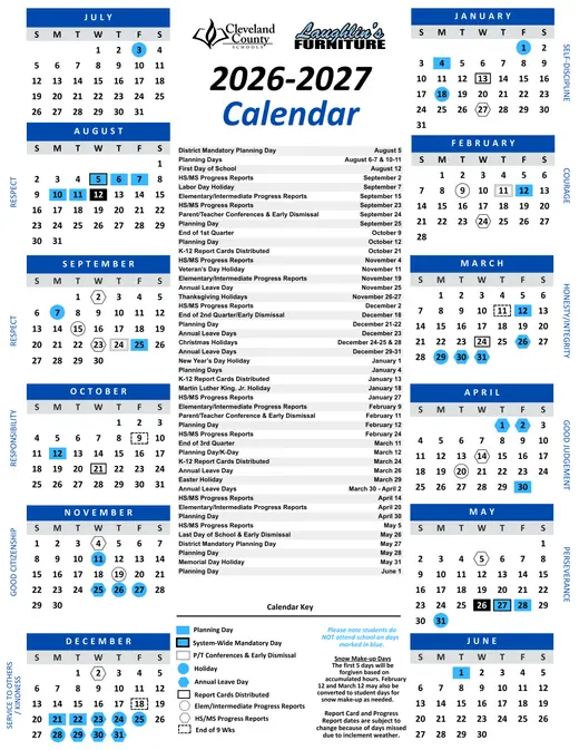 Cleveland County Schools 2026–2027 Academic Calendar