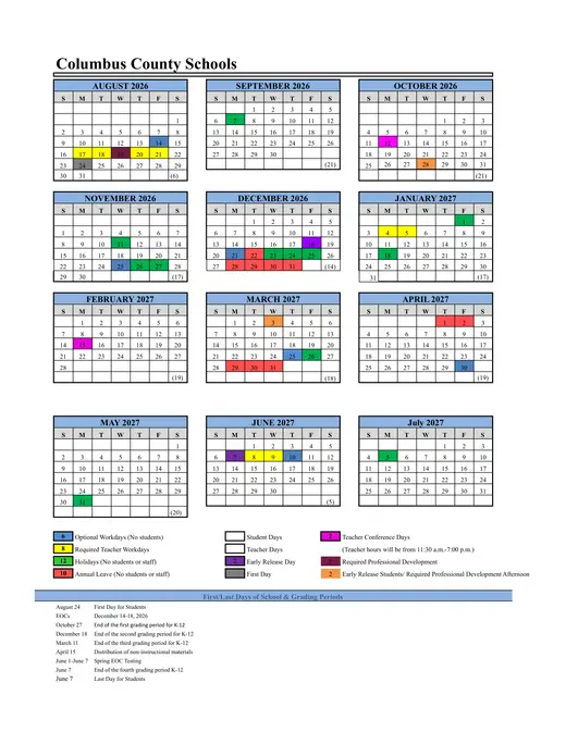 Columbus County Schools 2026–2027 Academic Calendar Page 1