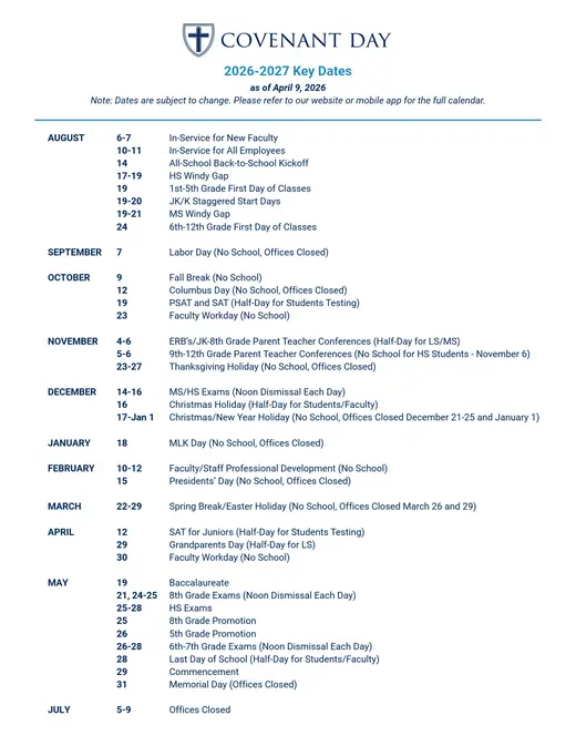 Covenant Day 2026–2027 Academic Calendar Page 1