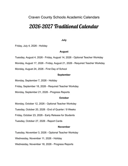 Craven County Schools 2026–2027 Academic Calendar Page 1