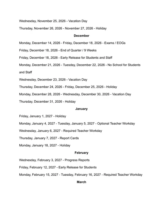 Craven County Schools 2026–2027 Academic Calendar Page 2