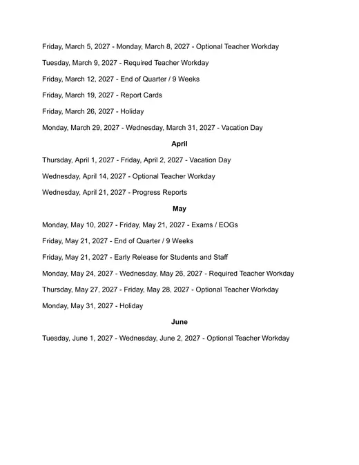 Craven County Schools 2026–2027 Academic Calendar Page 3