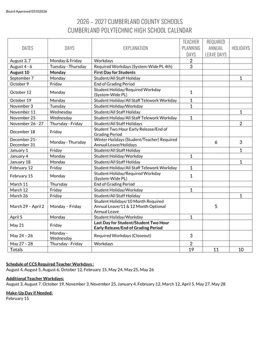 Cumberland County Schools Cumberland Polytechnic High School 2026–2027 Academic Calendar