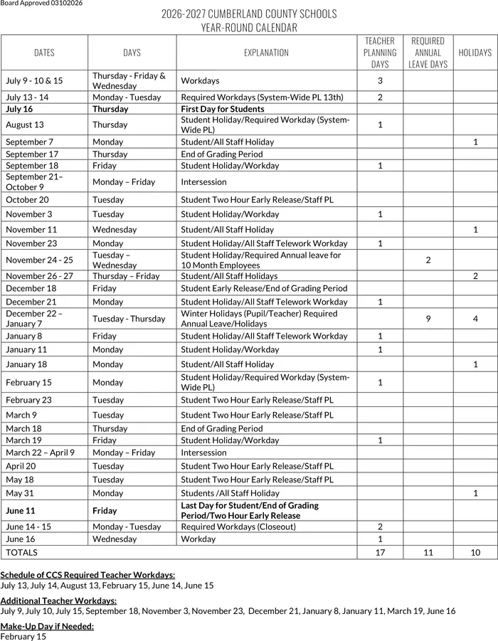 Cumberland County Schools Calendar 26-27 | CalendarStates.com
