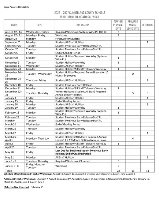 Cumberland County Schools 2026–2027 Academic Calendar Page 1