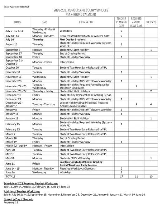 Cumberland County Schools 2026–2027 Academic Calendar Page 2