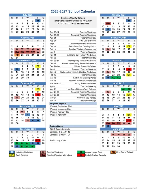 Currituck County Schools 2026–2027 Academic Calendar