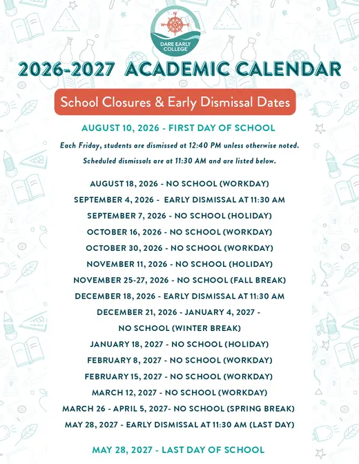 Dare Early College 2026–2027 Academic Calendar Page 1