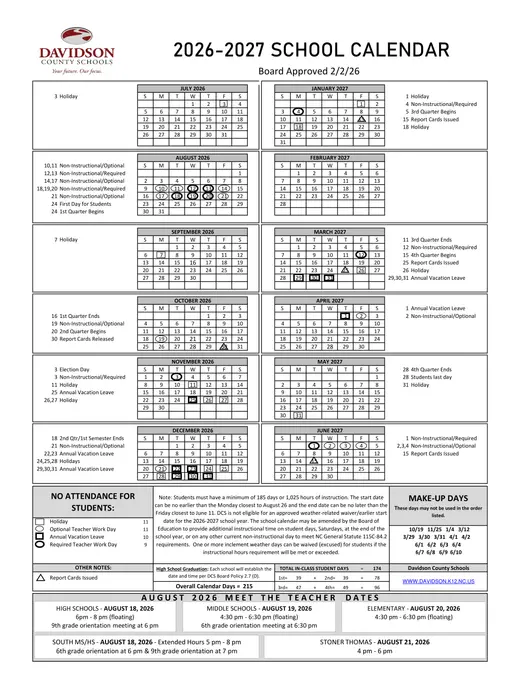 Davidson County Schools 2026–2027 Academic Calendar
