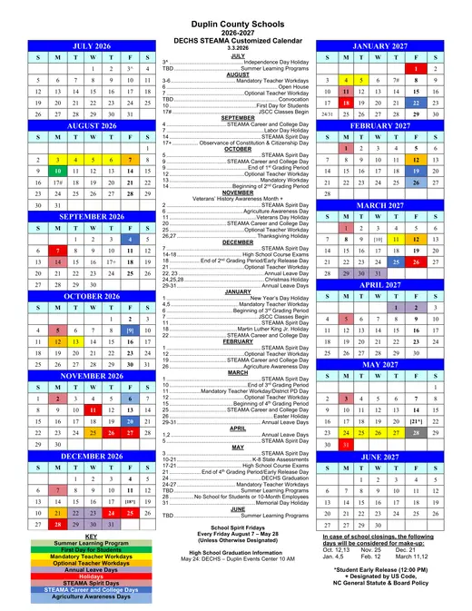 Duplin County Schools DECHS STEAMA 2026–2027 Academic Calendar