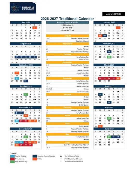 Durham Public Schools 2026–2027 Academic Calendar