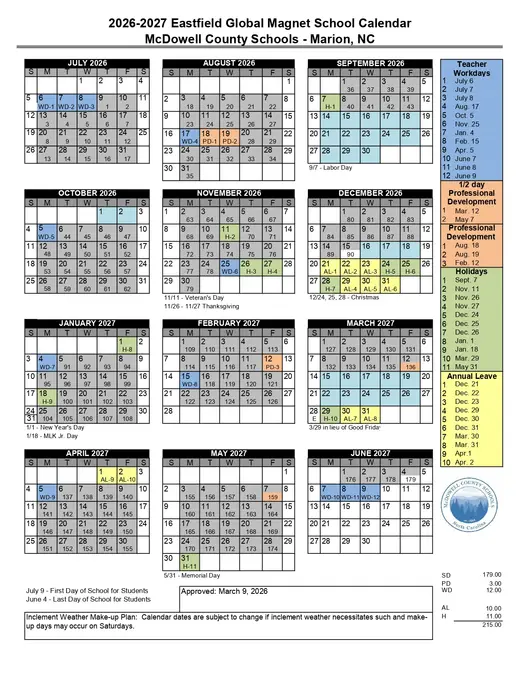 Eastfield Global Magnet School 2026–2027 Academic Calendar